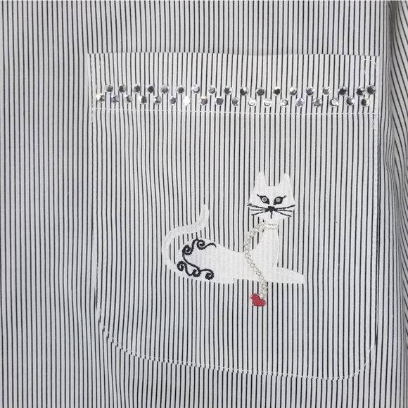 Mili Designs Embroidered Cats With Rhinestones Striped Button Up Blouse Size‎ Sm - Picture 5 of 8